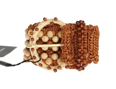 Dolce & Gabbana Brown Raffia Wood Beaded Wide Waist Belt