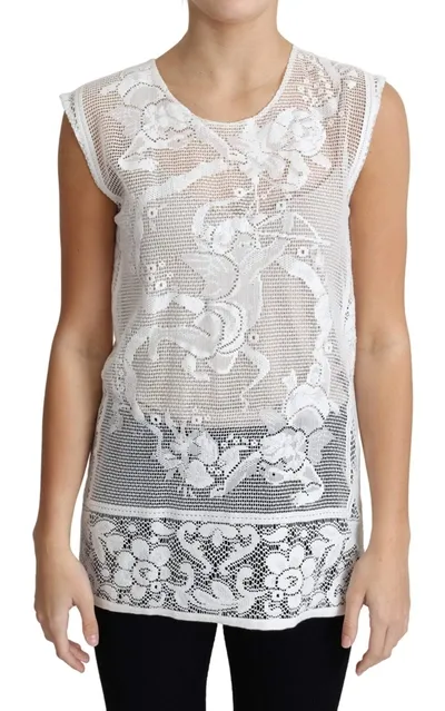 Dolce & Gabbana White Cotton Lace Floral Angel Motif Tank Top