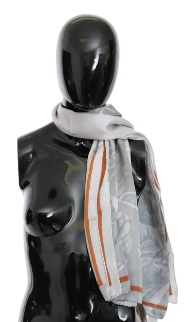 Costume National Gray Orange Silk Floral Foulard Wrap Scarf