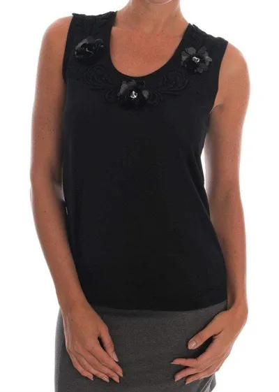 Dolce & Gabbana Black Cotton Floral Crystal Tank Top