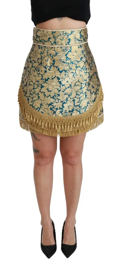 Dolce & Gabbana Blue High Waist Jacquard Tassel Gold Skirt