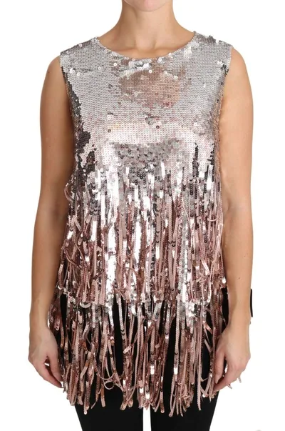 Dolce & Gabbana Golden Pink Sequined Fringe Tank Top