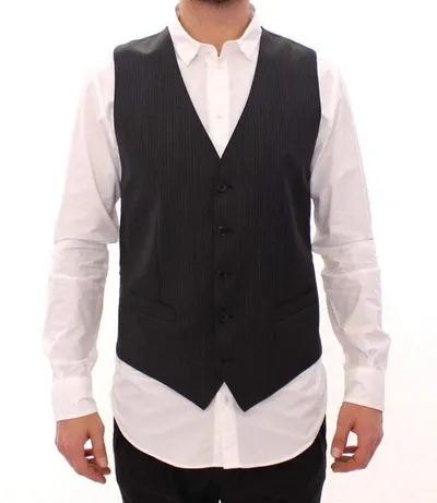 Dolce & Gabbana Gray Striped Wool Single Breasted Vest In Black