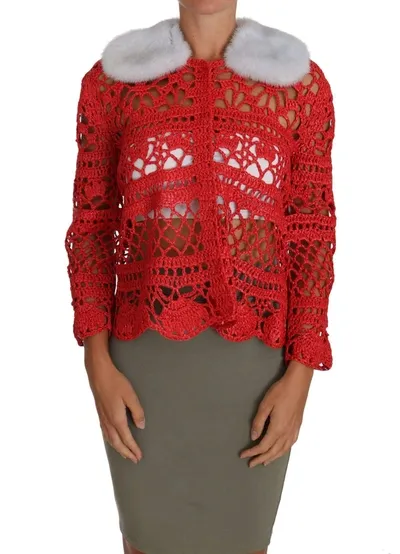 Dolce & Gabbana Red Cardigan Crochet Knit Raffia Sweater