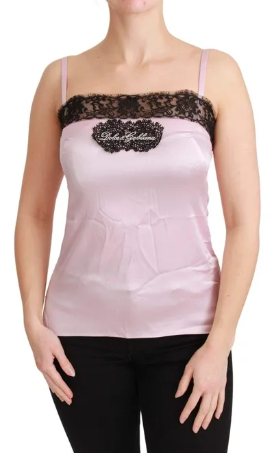 Dolce & Gabbana Silk Black Lace Top Pink Tank Blouse In Silver