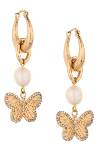 Ettika Butterfly High Pearl 18k Gold Plated Drop Earrings