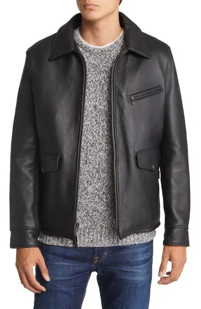 Schott Wool Lined Bison Leather Car Coat In Black