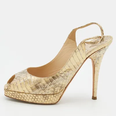 Pre-owned Jimmy Choo Metallic Gold Python Leather Platform Slingback Peep Toe Pumps Size 37.5