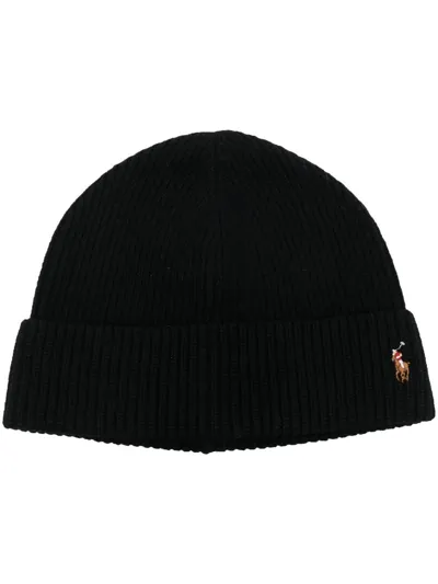 Polo Ralph Lauren Embroidered-logo Ribbed-knit Hat In Schwarz