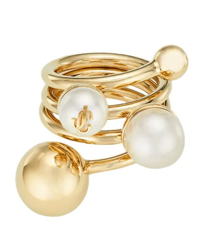 Jimmy Choo Faux Pearl Stack Ring In Gold