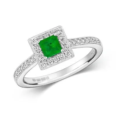 Pre-owned Emerald 0.38ct Diamant Klaster Quadratisch  Ring Grössen J-q