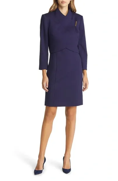 Tahari Asl Two Piece Crop Jacket & Sheath Dress In Midnight Navy