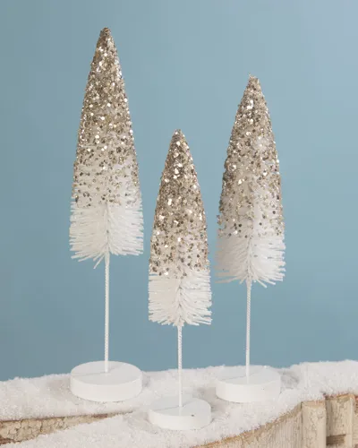 Bethany Lowe Platinum Glitter Bottle Brush Christmas Trees, Set Of 3