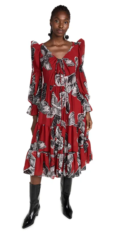 Autumn Adeigbo Fleur Long Sleeve Butterfly Midi Dress In Red Butterfly