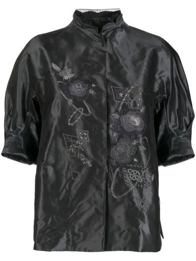 Shiatzy Chen Embroidered Silk Puff-sleeve Jacket In Black