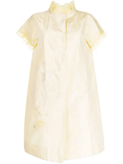 Shiatzy Chen Silk Embroidered Ruffle-trim Coat In Yellow