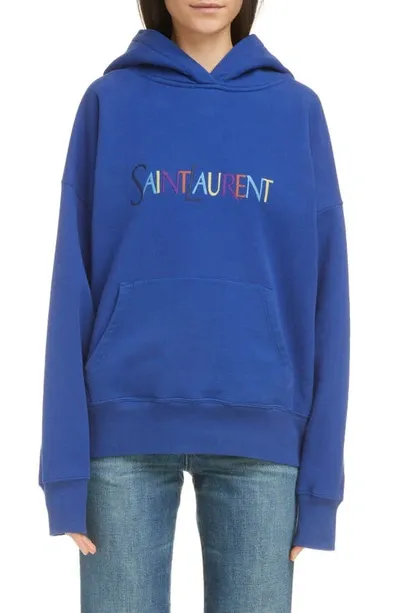 Saint Laurent Embroidered-logo Long-sleeve Hoodie In Blue