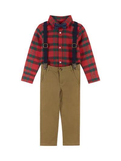 Andy & Evan Kids' Little Boy's Flannel Shirt, Suspenders & Pants 3-piece Set In Red