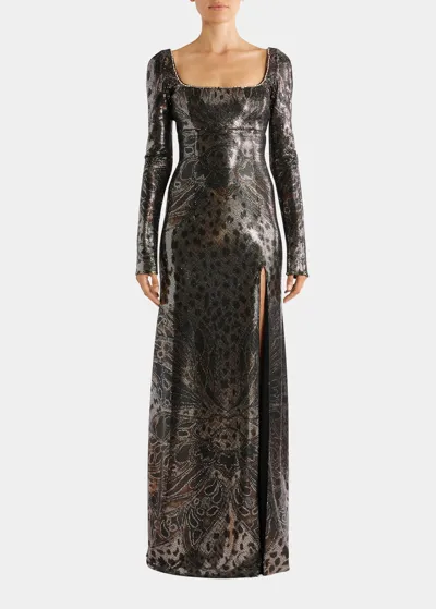 Etro Cheetah Print Long-sleeve Metallic Gown In Black