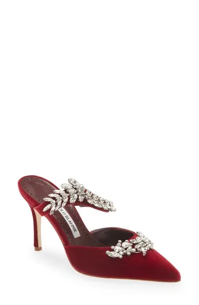 Manolo Blahnik Lurum 90 Crystal-embellished Velvet Mules In Red