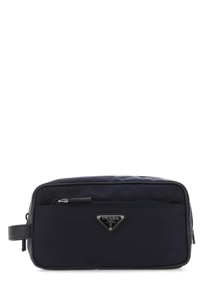 Prada Logo Plaque Travel Pouch In Black