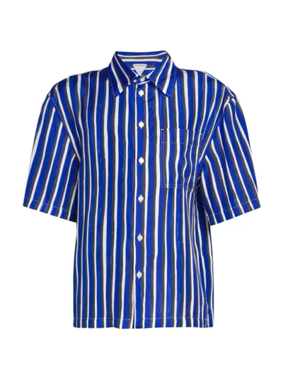 Bottega Veneta W Short-sleeved Woven Shirt In Blue Black