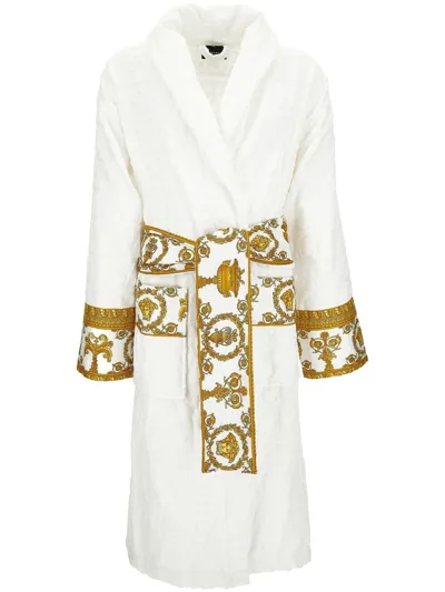 Versace White I Heart Baroque Bath Robe In White Gold