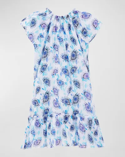 Vilebrequin Kids' Girls' Flash Floral Print Organic Cotton Dress In Purple Blue