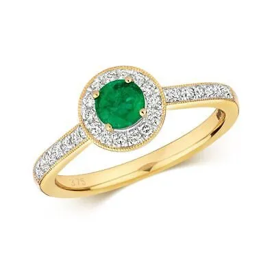 Pre-owned Emerald 0.35ct Diamant Klaster Rund  Ring Grössen J-q Gelbgold