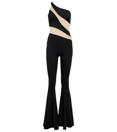 Norma Kamali Snake One-shoulder Mesh-paneled Stretch-jersey Jumpsuit In Black & Nude Mesh