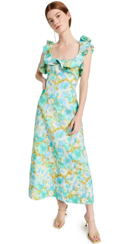 Zimmermann High Tide Open-back Ruffled Floral-print Linen Midi Dress In Aqua Ikat Floral