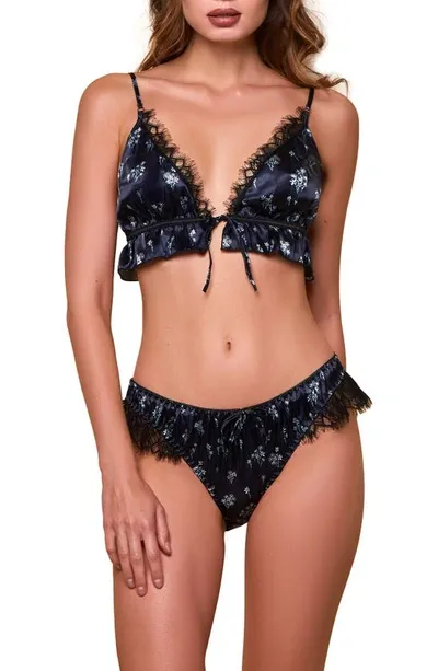 Hauty Floral Print Satin Tie Front Bralette & Panties In Navy-blue