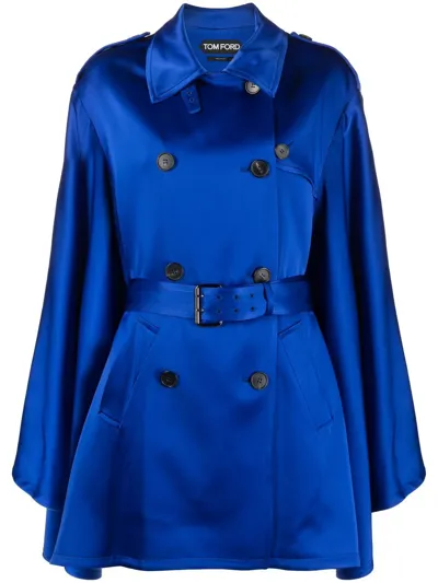 Tom Ford Double-breasted Belted Trench Coat In Blue