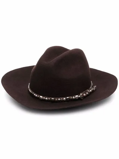 Golden Goose Wide-shaped Hat Adorned With Studs In Brown