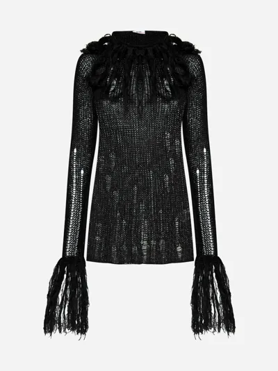 Gcds Fringed Open-knit Jumper In Black