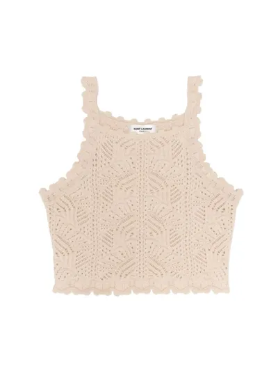 Saint Laurent Crochet-design Sleeveless Top In Naturel