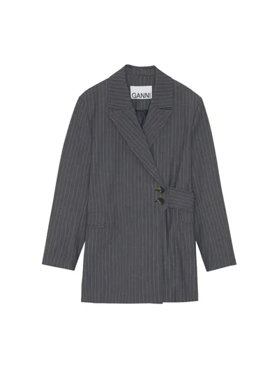 Ganni Stretch Stripe Belt Blazer In Sky Captain