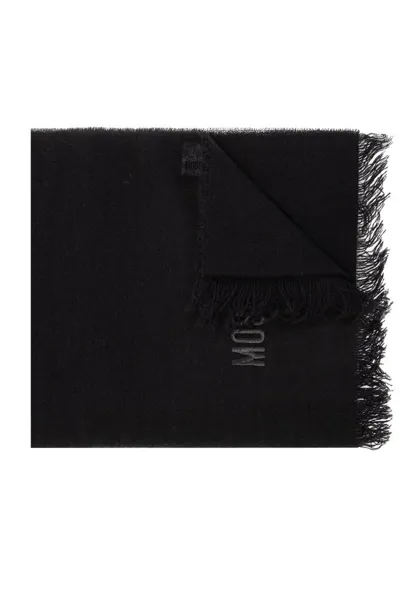 Moschino Logo Embroidered Fringed Scarf In Black