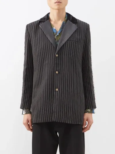 Youths In Balaclava Pinstripe Textured-lapel Relaxed-fit Stretch-cotton Jacket In Black