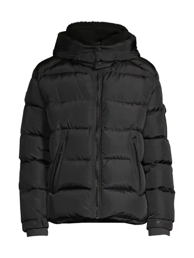 Sam Frontier Nylon Shearling Trim Hooded Down Jacket In Black