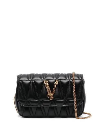 Versace Virtus Small Leather Shoulder Bag In Nero