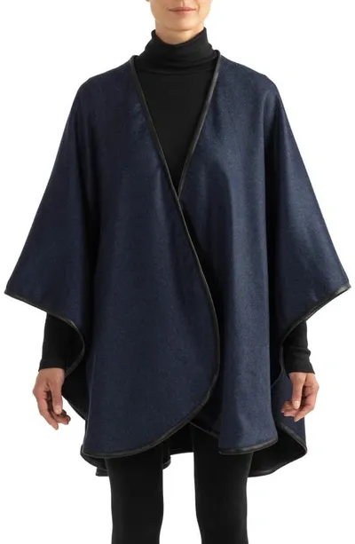 Sofia Cashmere Leather Trim Reversible Cashmere Cape In Blue Black