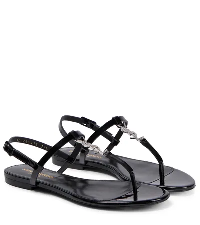 Saint Laurent Cassandra Ysl Leather Flat Sandals In Nero