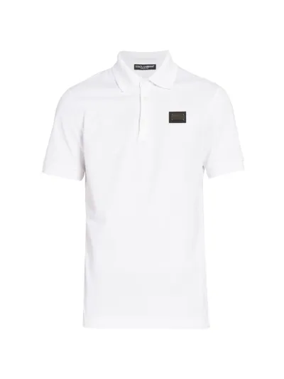 Dolce & Gabbana Piquet Polo With Logo Plaque In Bianco Ottico