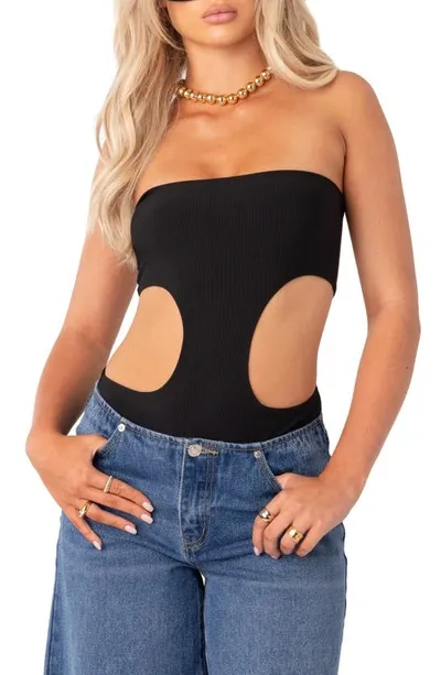 Edikted Vivie Cutout Rib Strapless Bodysuit In Black