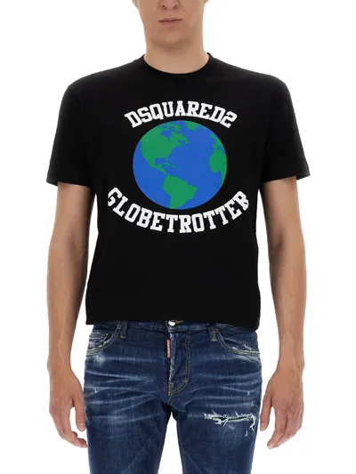 Dsquared2 Globetrotter Graphic-print Cotton-jersey T-shirt In Black