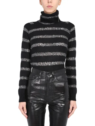 Saint Laurent Striped Sweater With Sequins In Black