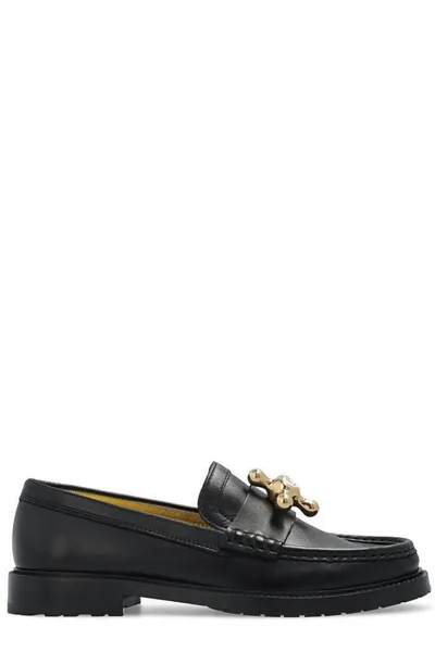 Moschino Logo Plaque Round Toe Loafers In Black