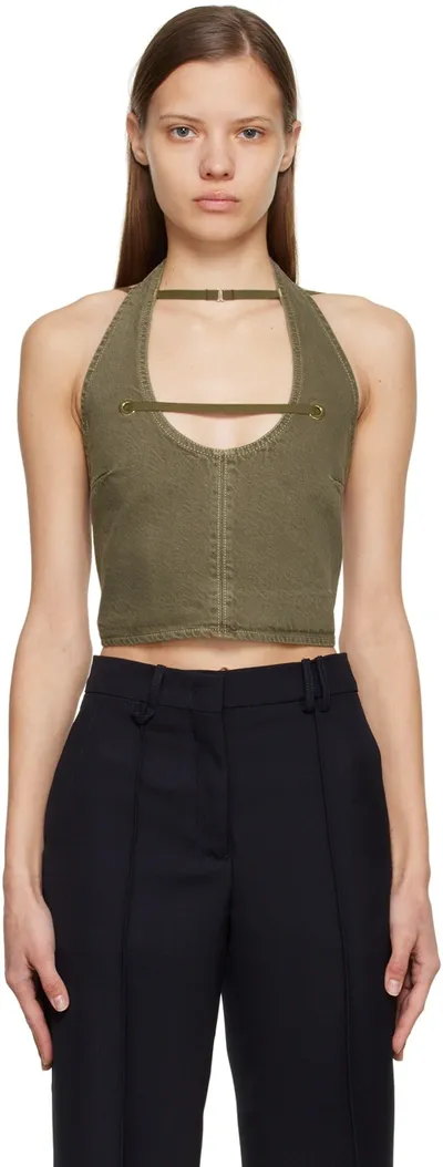 Jacquemus Papier Open-back Cropped Denim Halterneck Top In 56a Khaki/beige