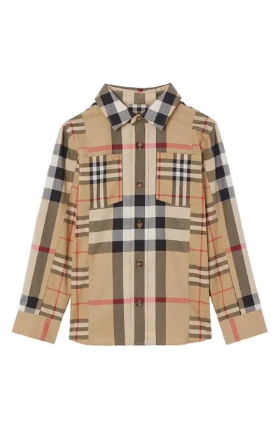 Burberry Kids' Patchwork Check Stretch Cotton Button-up Shirt In Archive Beige